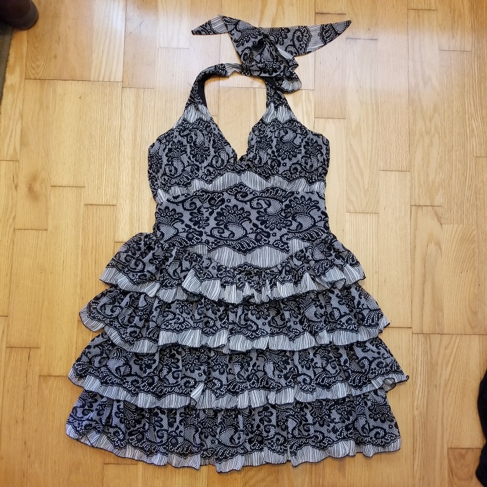 Lace Print Tiered Ruffle Halter Neck Dress